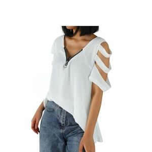 Chic White Zipper Blouse With Cut Out Sleeve Accents